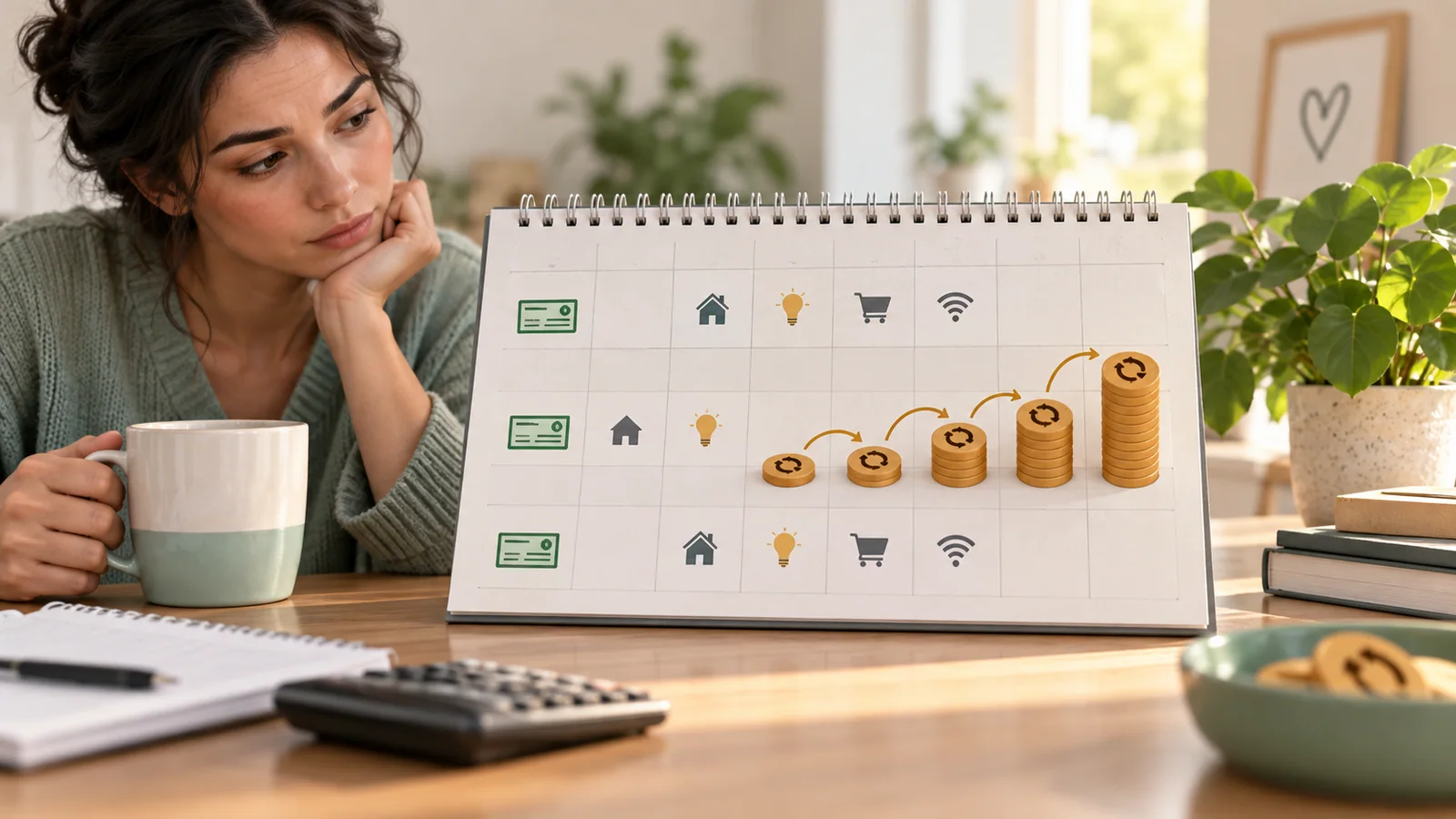 A calendar shows repeated pay cycles, essential bills, and accumulating short-term-loan fees.