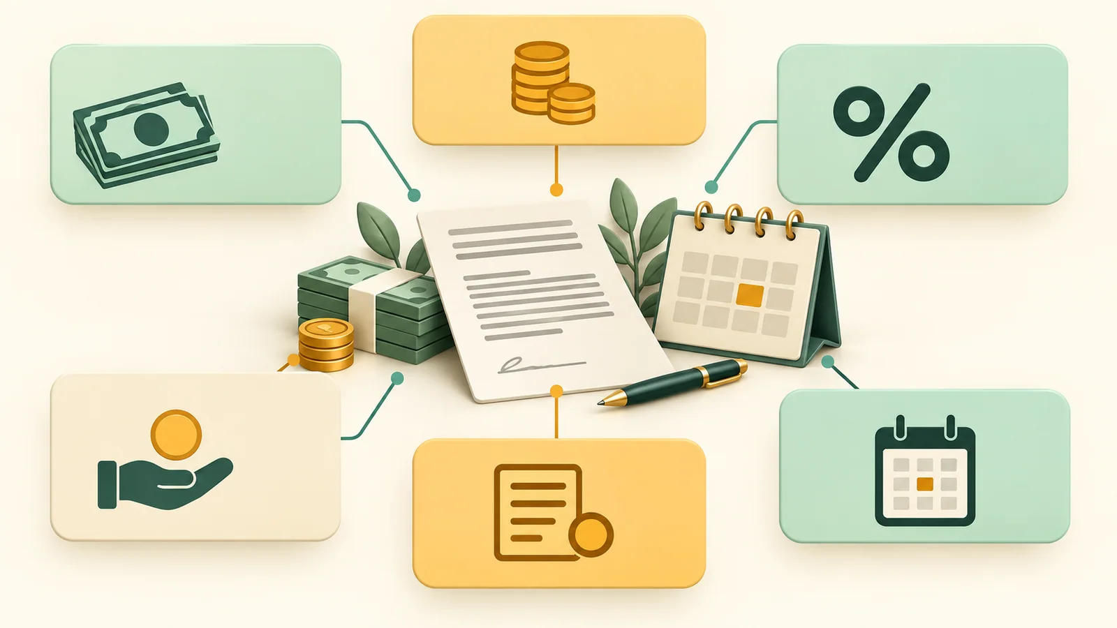 Six disclosure fields surround a short-term agreement and repayment calendar.